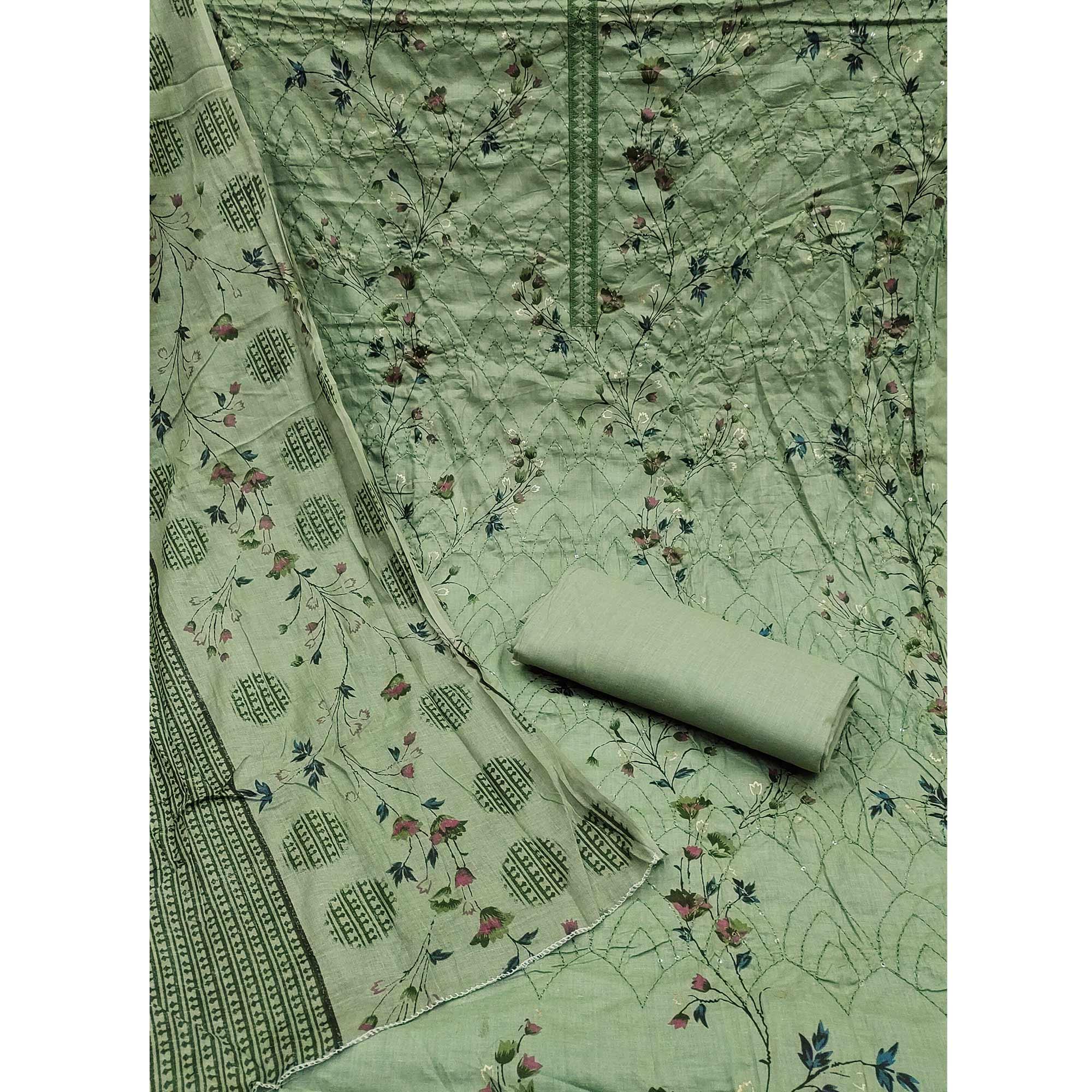 Green Floral Printed With Embroidered Pure Cotton Dress Material - Peachmode