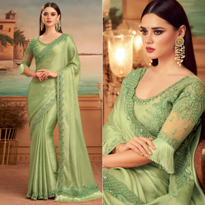 Green Floral Sequence Embroidered Art Silk Saree - Peachmode