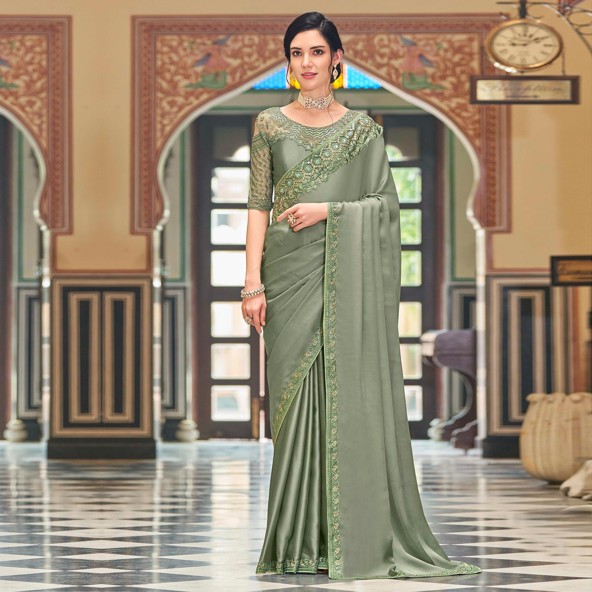 Green Floral Sequence Embroidered Art Silk Saree - Peachmode