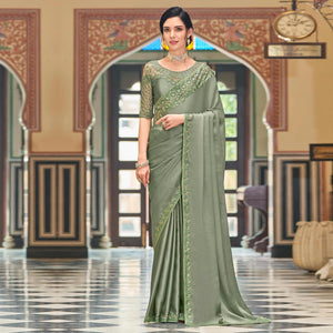 Green Floral Sequence Embroidered Art Silk Saree - Peachmode