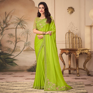 Green Floral Sequence Embroidered Art Silk Saree - Peachmode