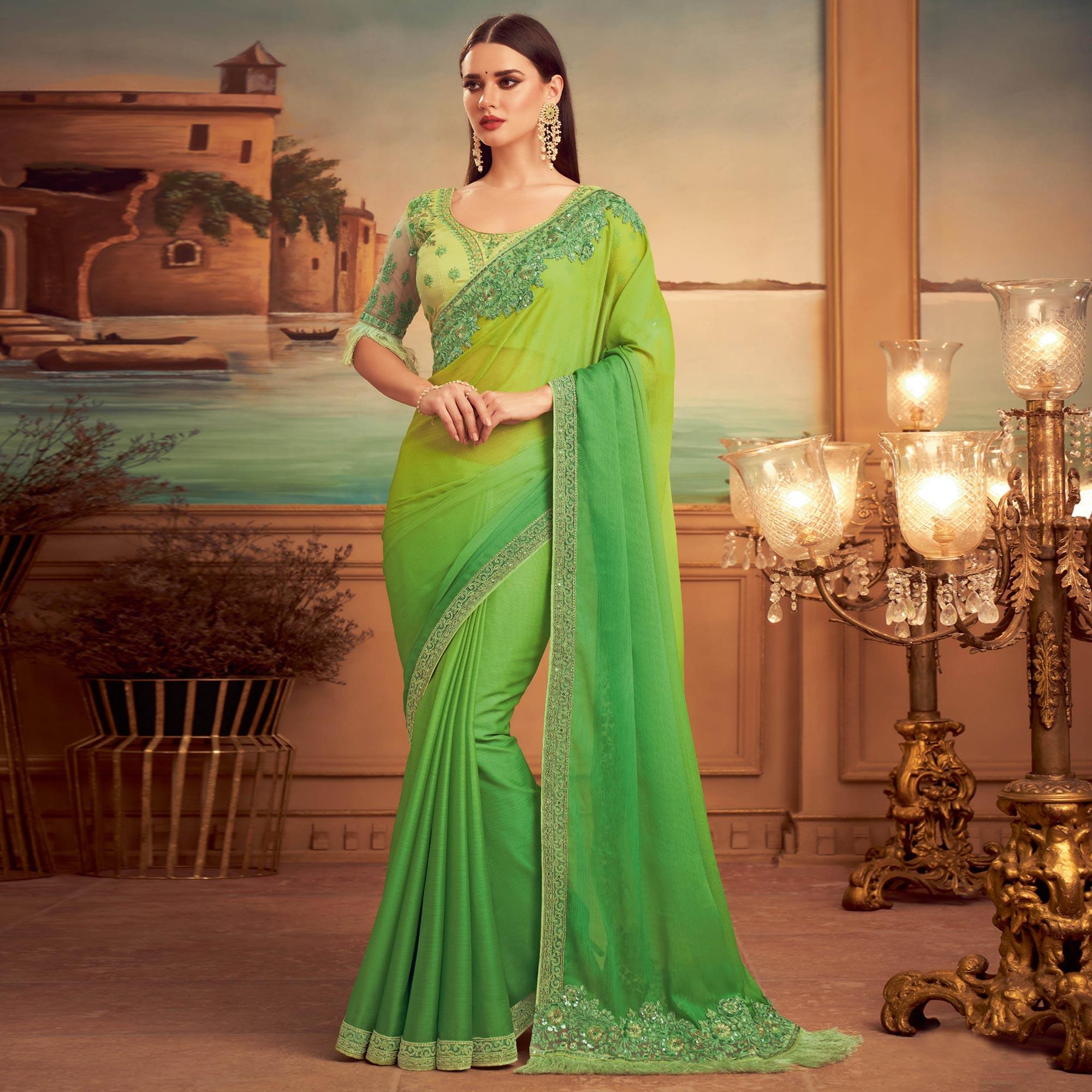 Green Floral Sequence Embroidered Art Silk Saree - Peachmode