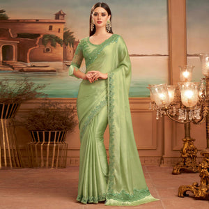 Green Floral Sequence Embroidered Art Silk Saree - Peachmode