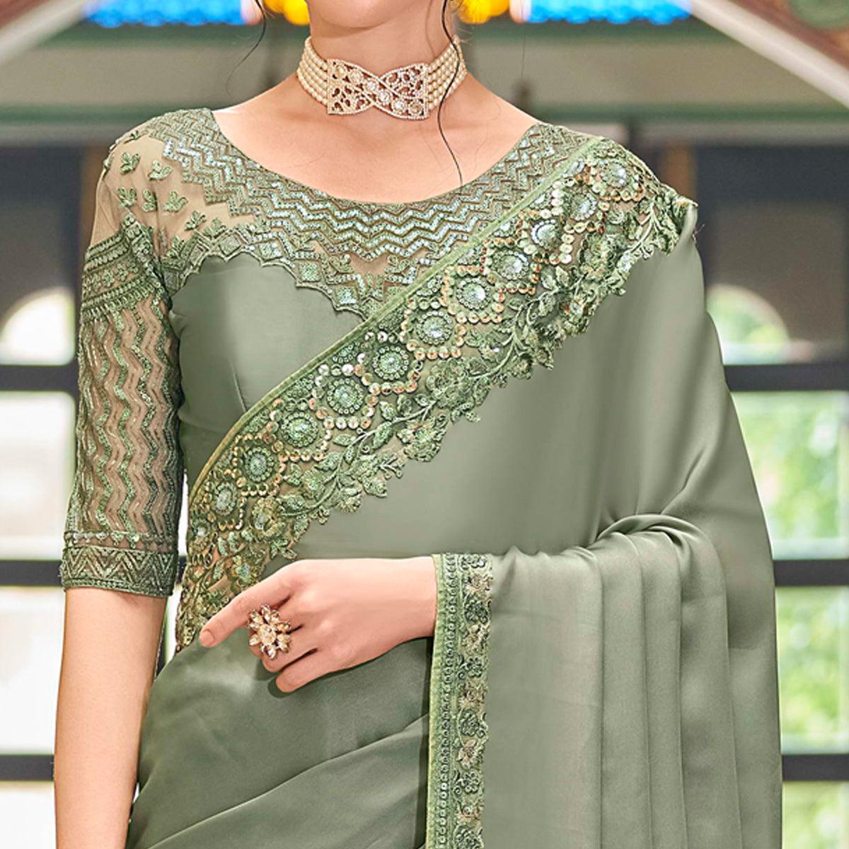 Green Floral Sequence Embroidered Art Silk Saree - Peachmode
