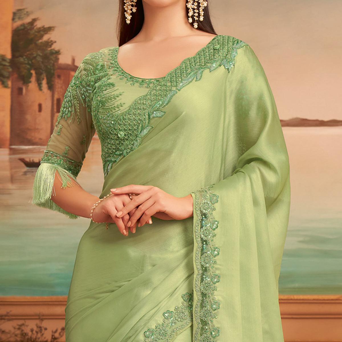 Green Floral Sequence Embroidered Art Silk Saree - Peachmode