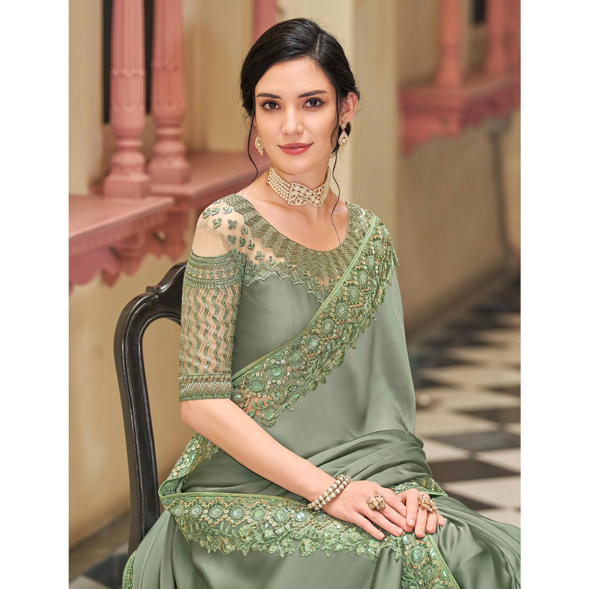Green Floral Sequence Embroidered Art Silk Saree - Peachmode