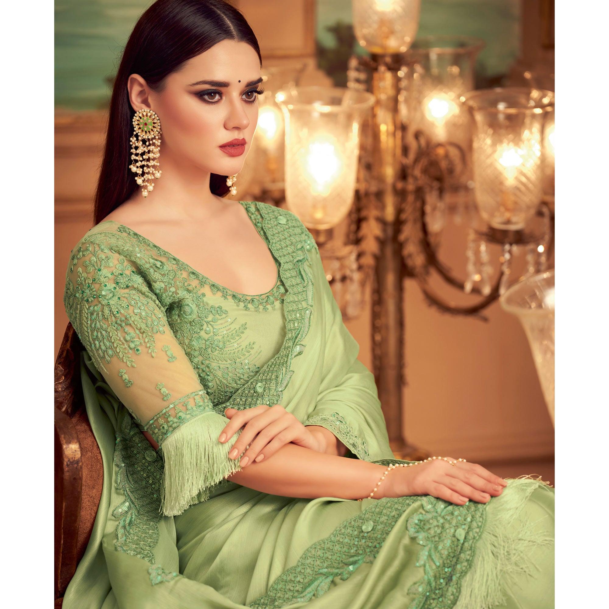 Green Floral Sequence Embroidered Art Silk Saree - Peachmode