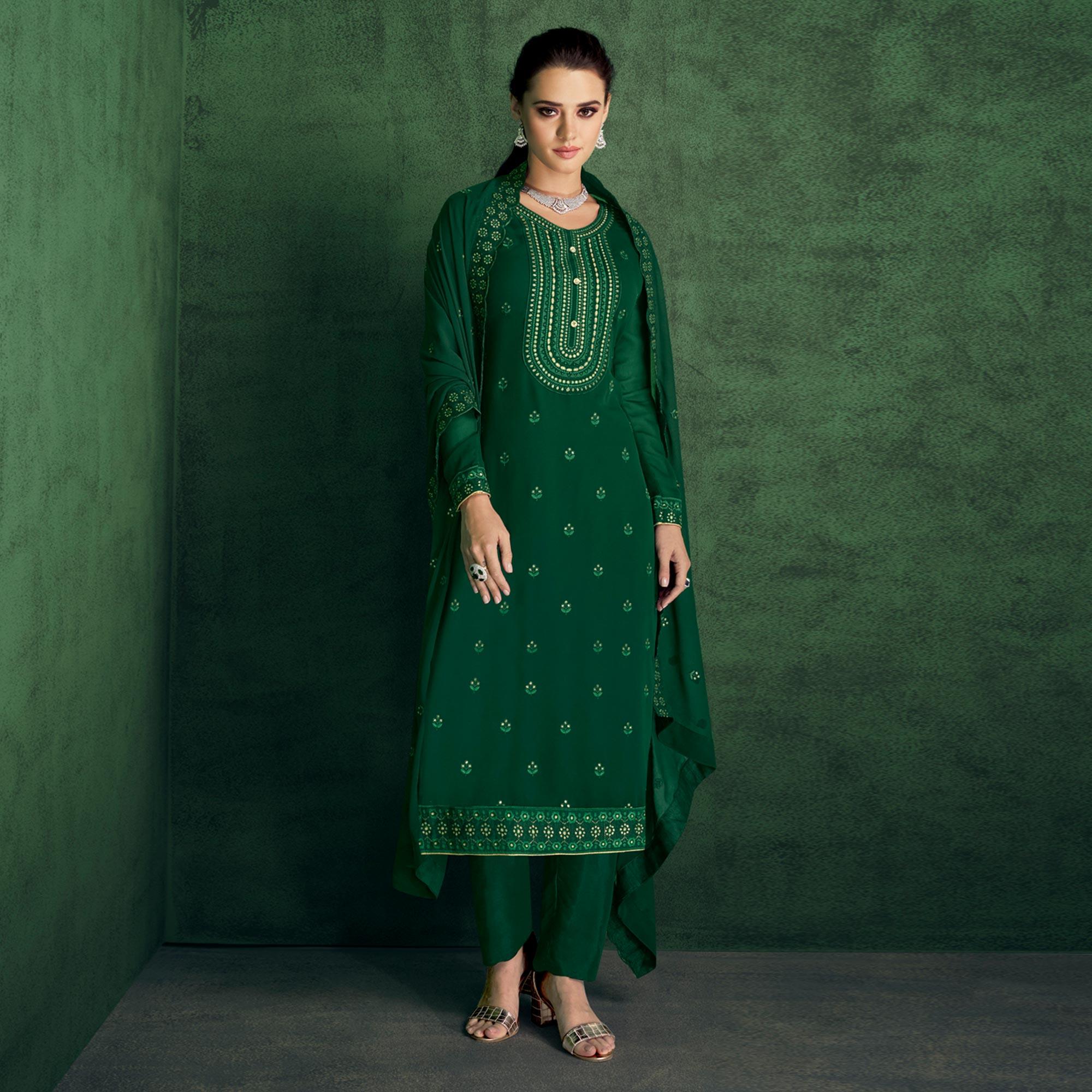 Green Floral Sequence Embroidered Georgette Partywear Suit - Peachmode