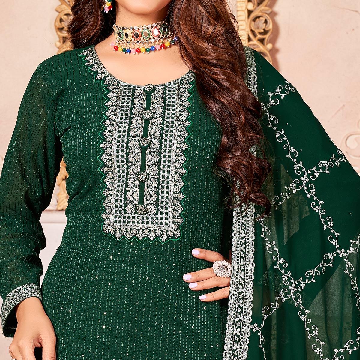 Green Floral Sequence Embroidered Georgette Salwar Suit - Peachmode