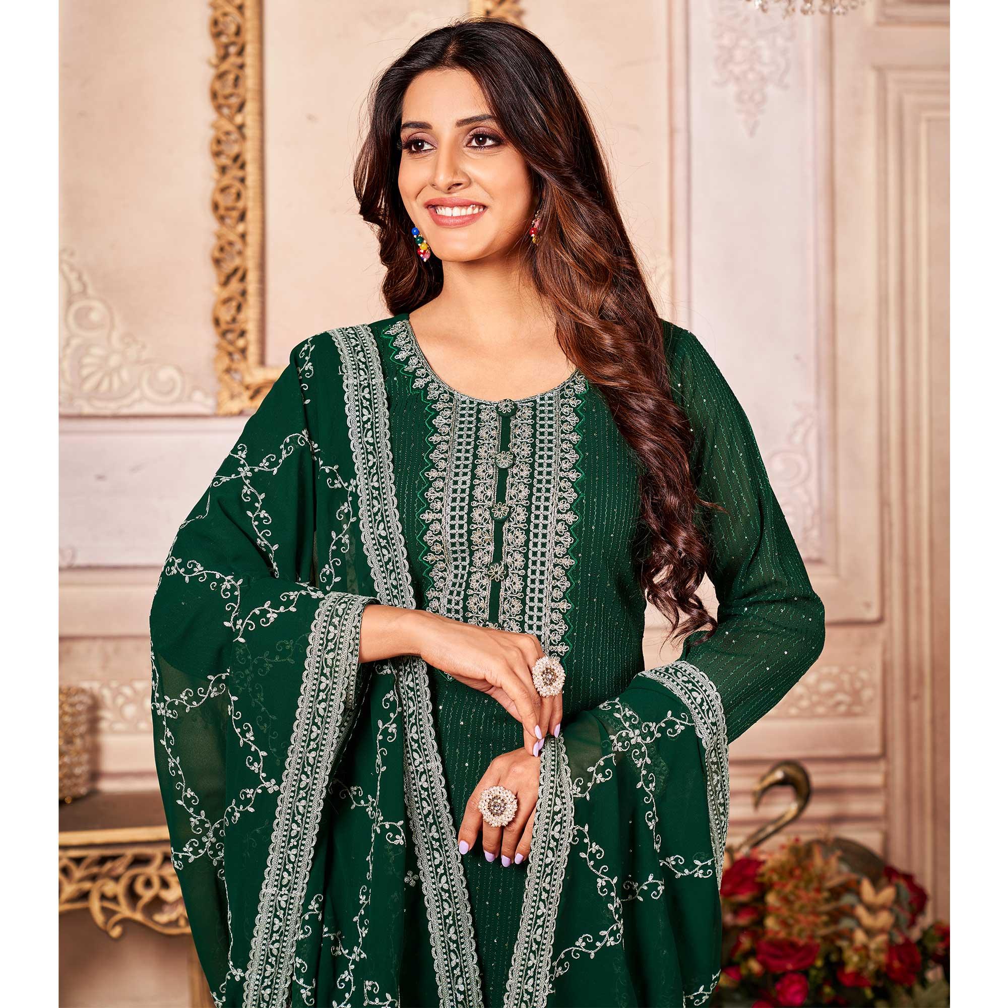 Green Floral Sequence Embroidered Georgette Salwar Suit - Peachmode