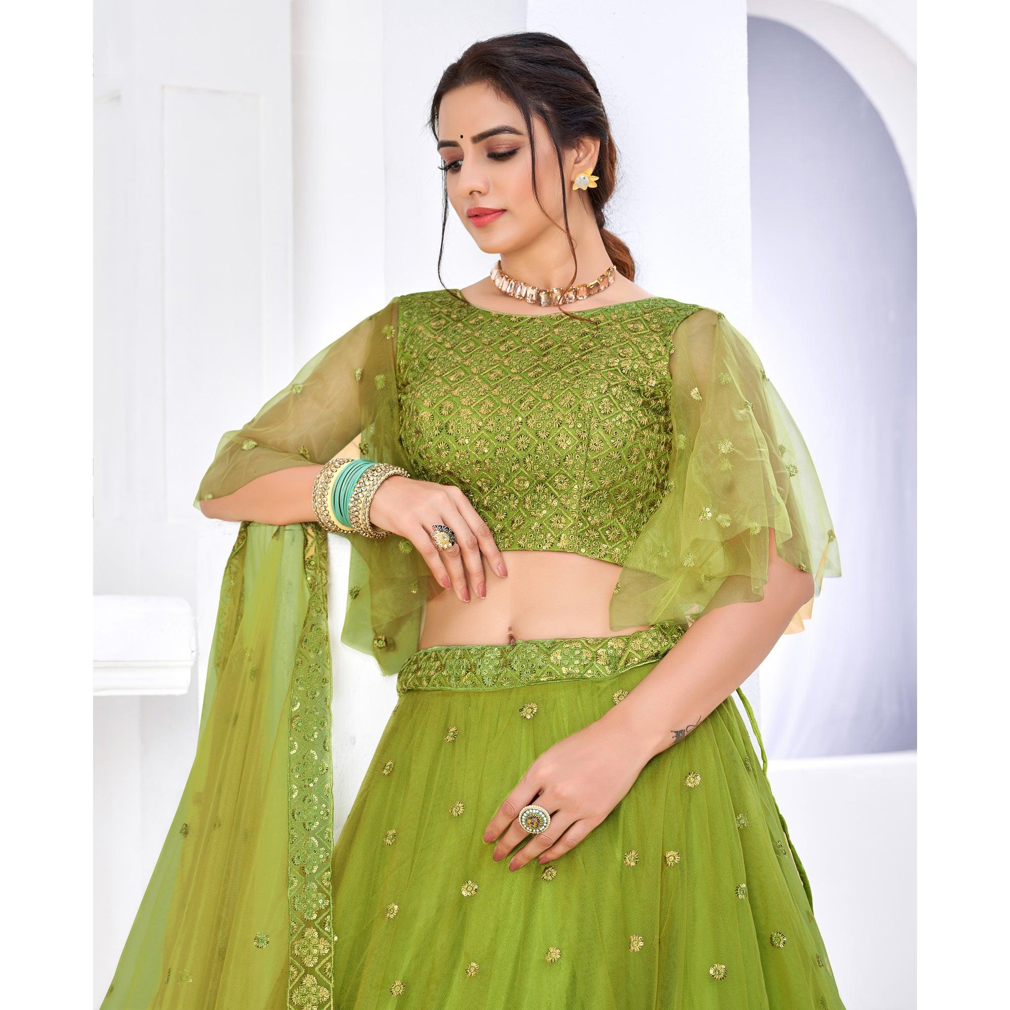 Green Floral Sequence Embroidered Net Lehenga Choli - Peachmode