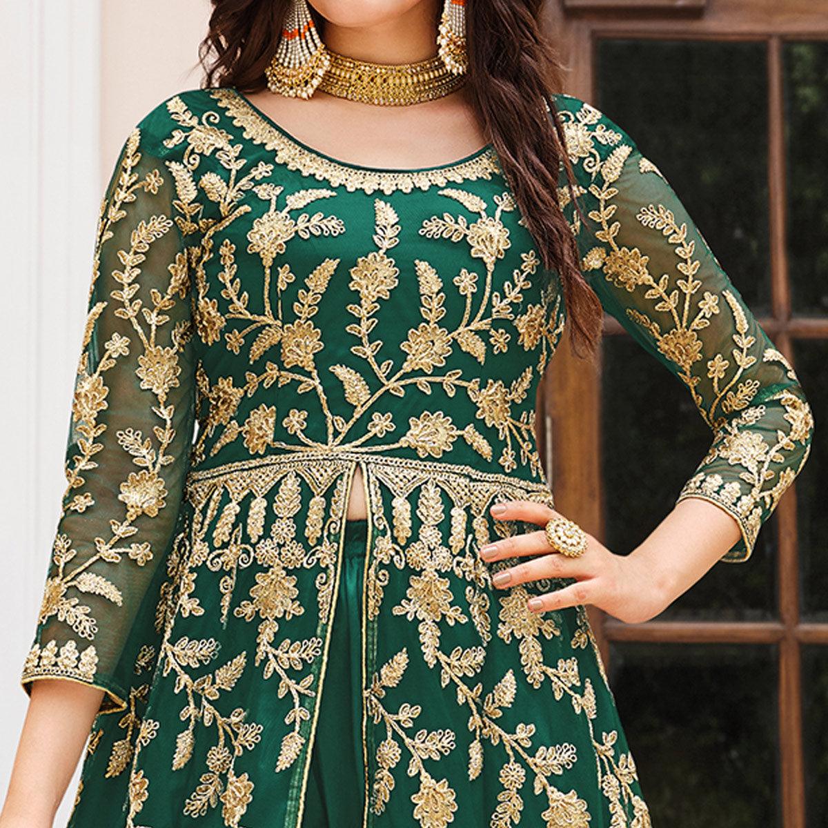 Green Floral Sequence Embroidered Net Suit - Peachmode