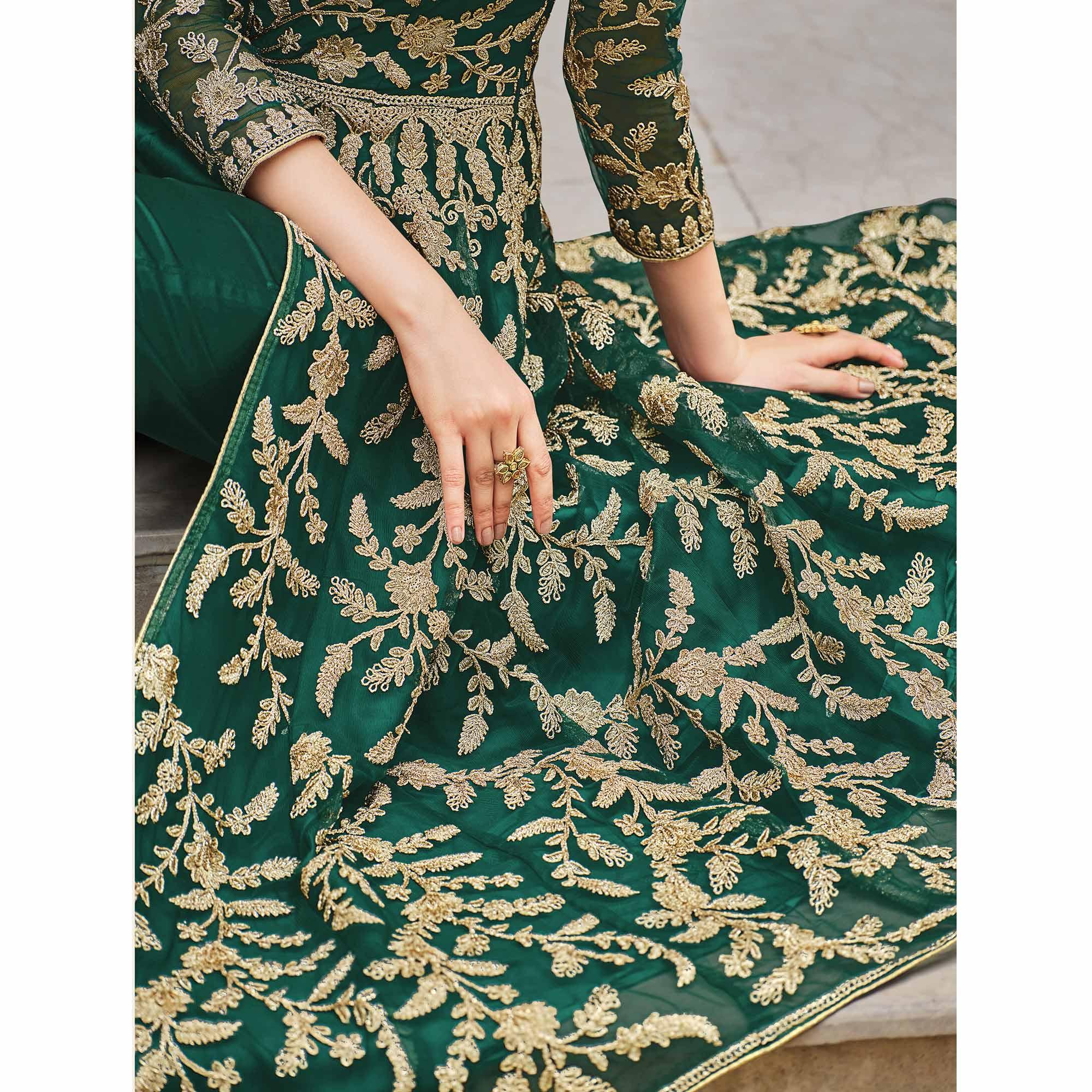 Green Floral Sequence Embroidered Net Suit - Peachmode