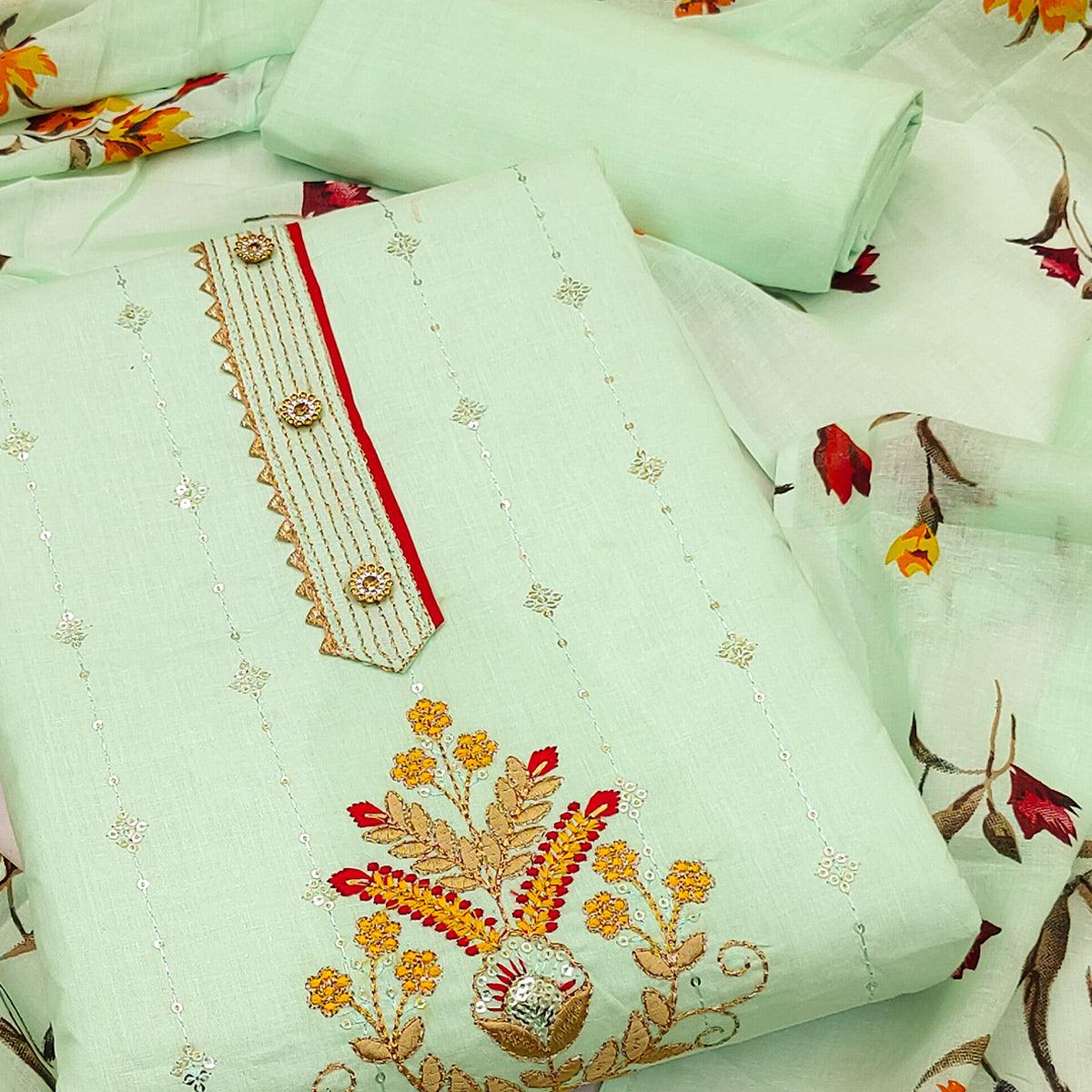 Green Floral Sequence Embroidered Pure Cotton Dress Material - Peachmode