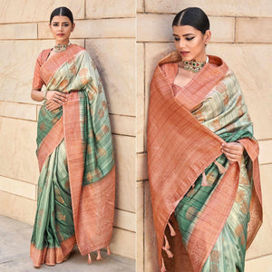 Green Floral Woven Art Silk Saree - Peachmode