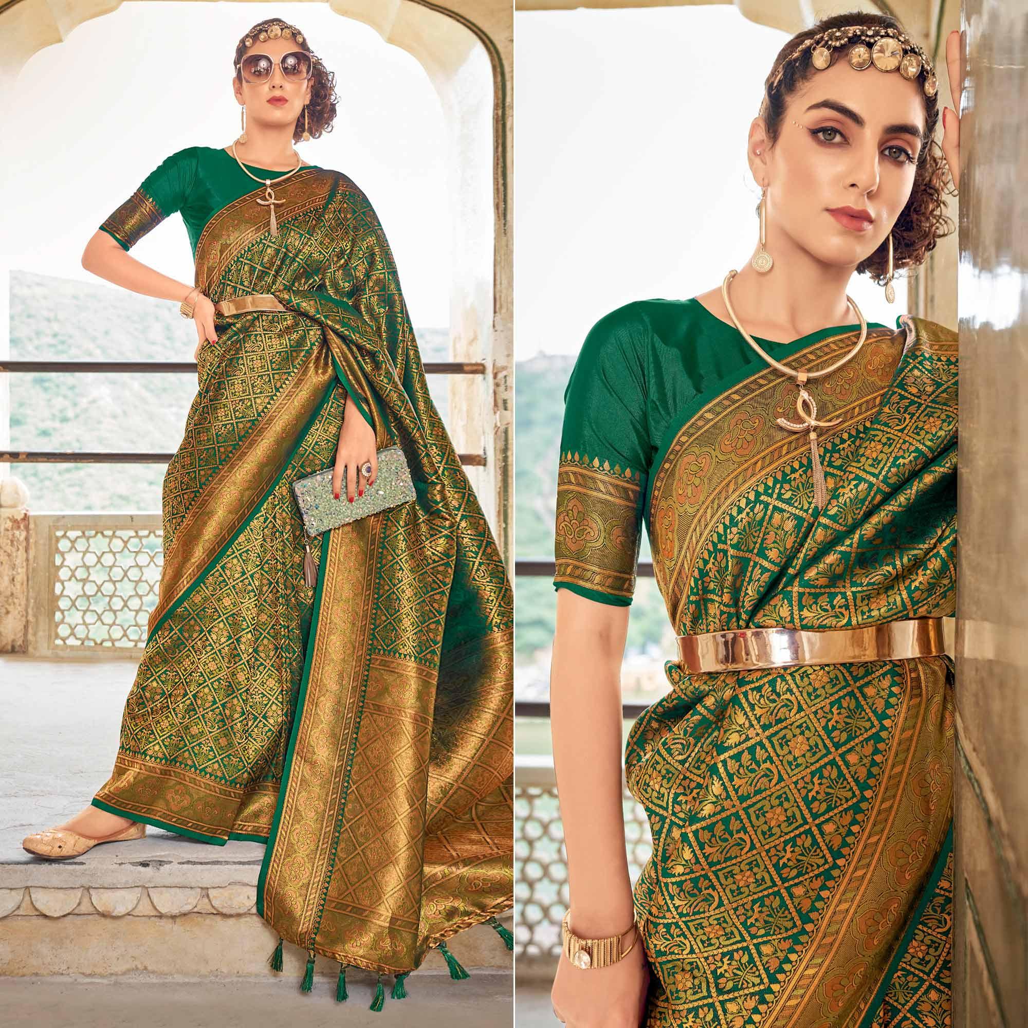 Green Floral Woven Art Silk Saree - Peachmode