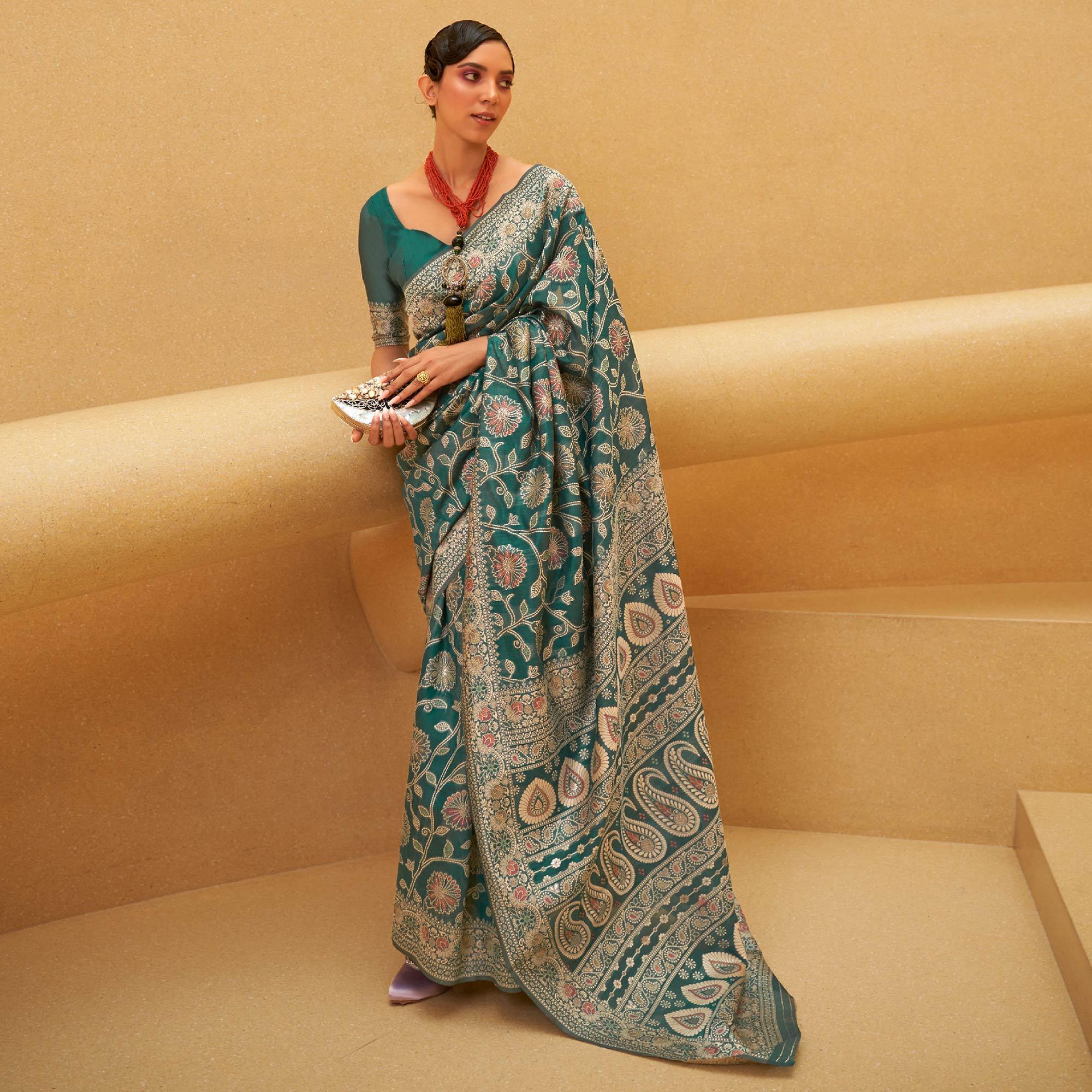 Green Floral Woven Art Silk Saree - Peachmode