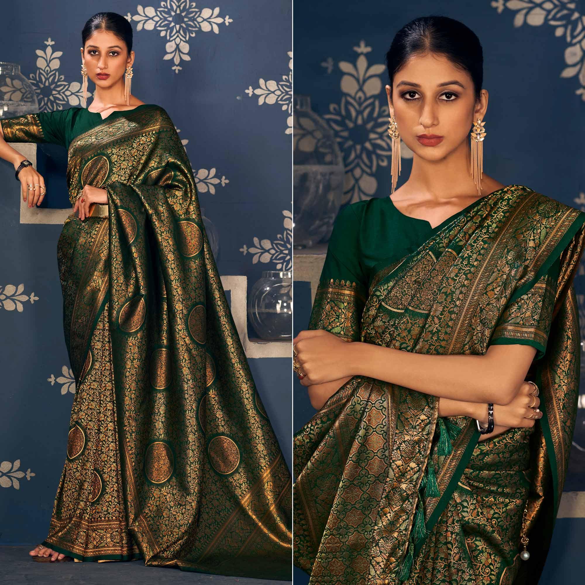 Green Floral Woven Art Silk Saree - Peachmode