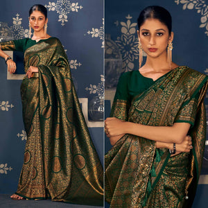 Green Floral Woven Art Silk Saree - Peachmode