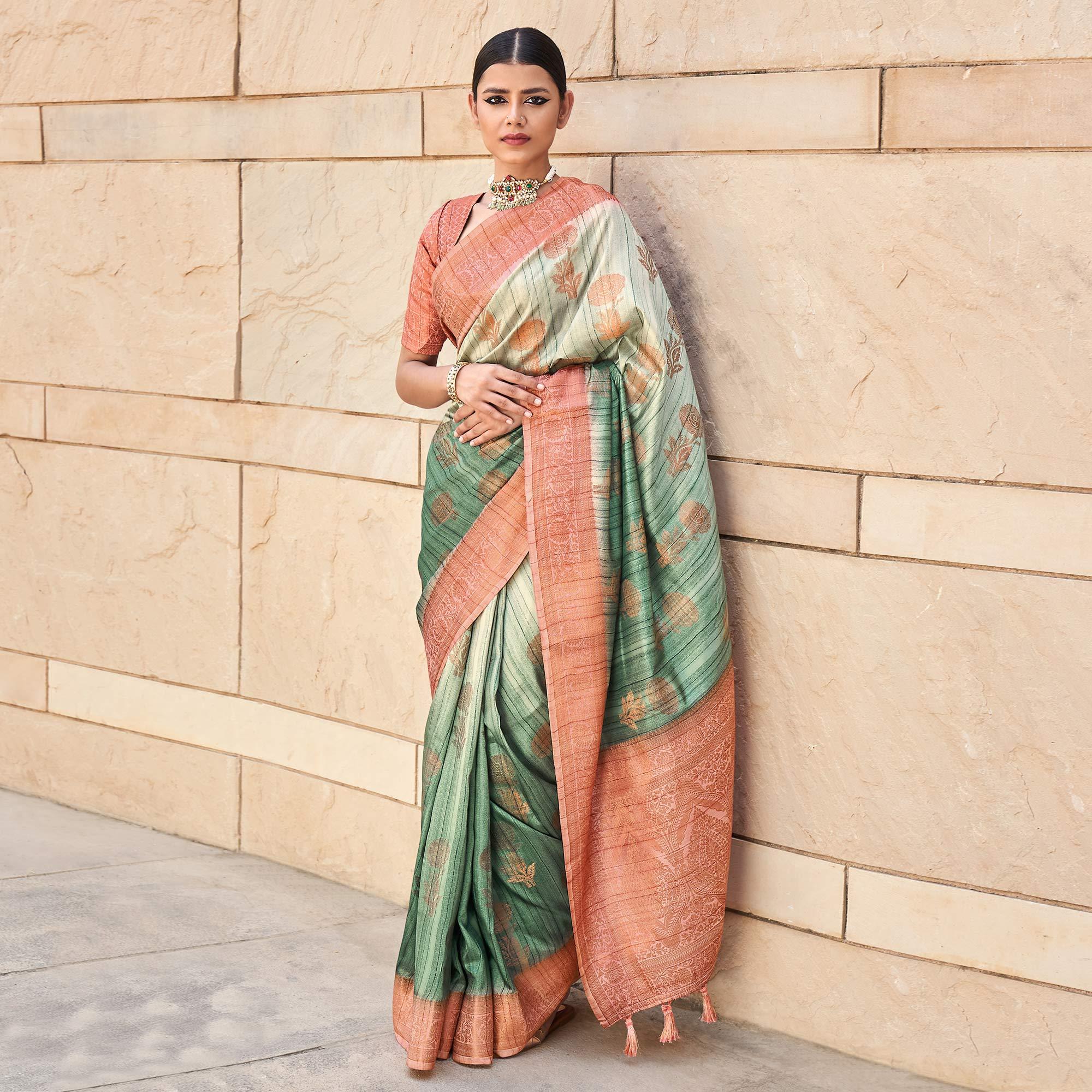 Green Floral Woven Art Silk Saree - Peachmode