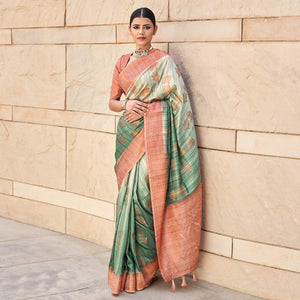 Green Floral Woven Art Silk Saree - Peachmode