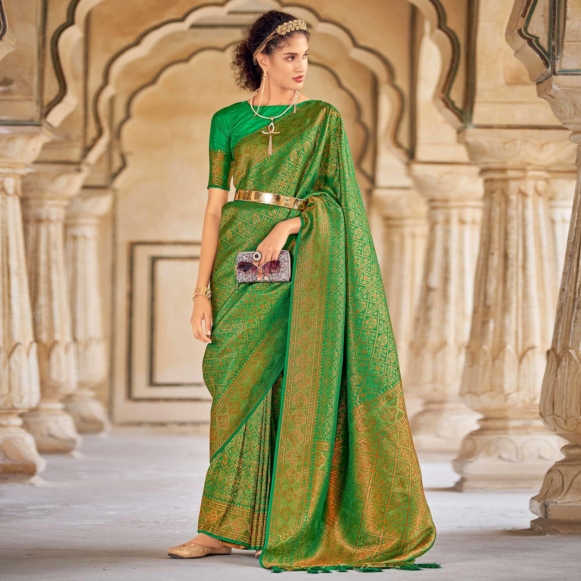 Green Floral Woven Art Silk Saree - Peachmode