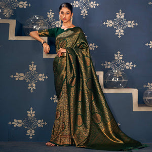 Green Floral Woven Art Silk Saree - Peachmode