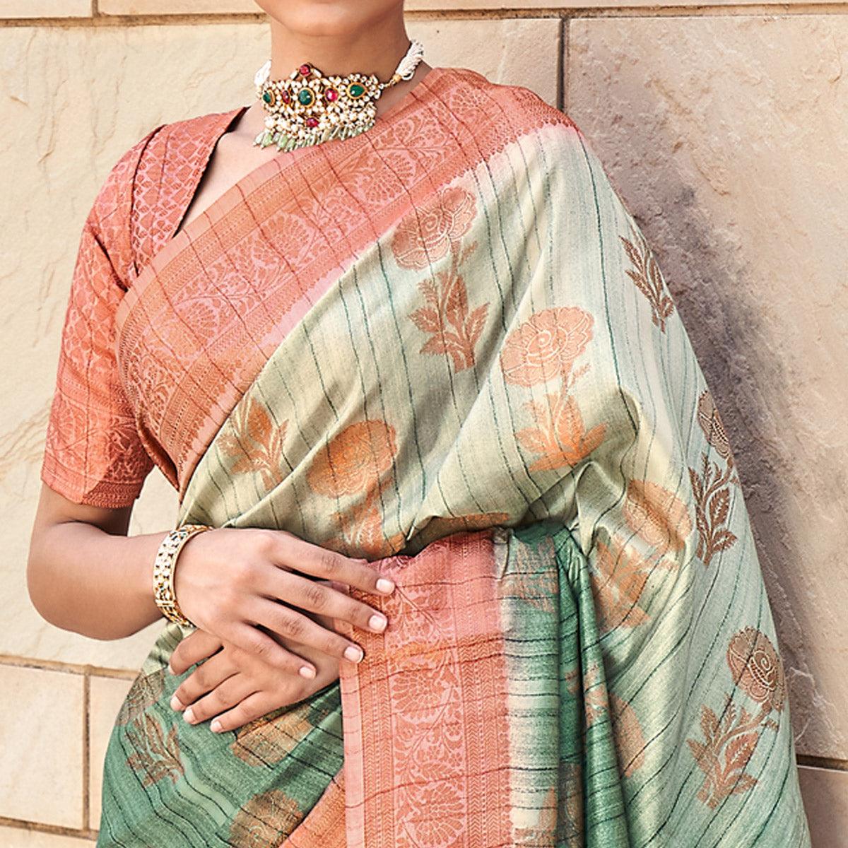 Green Floral Woven Art Silk Saree - Peachmode