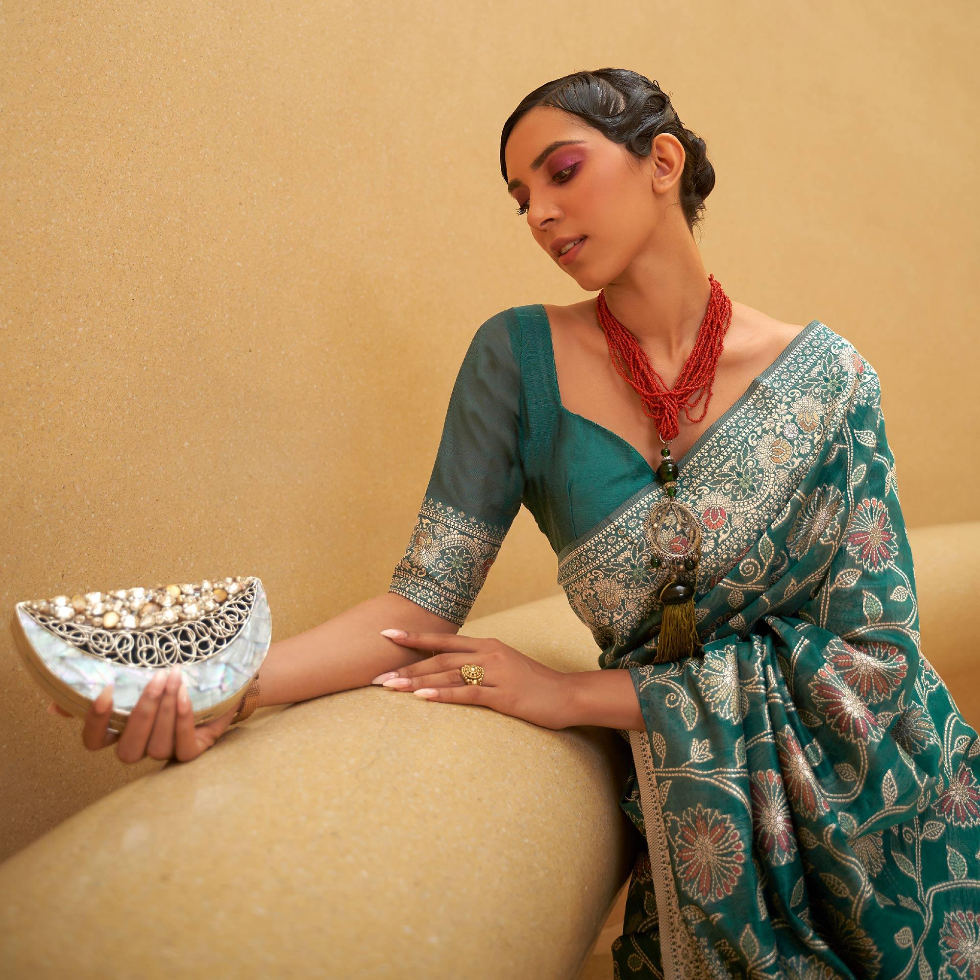 Green Floral Woven Art Silk Saree - Peachmode