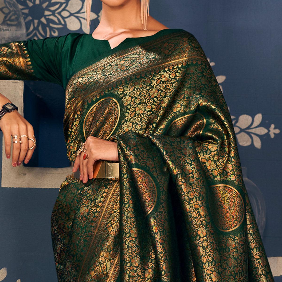 Green Floral Woven Art Silk Saree - Peachmode