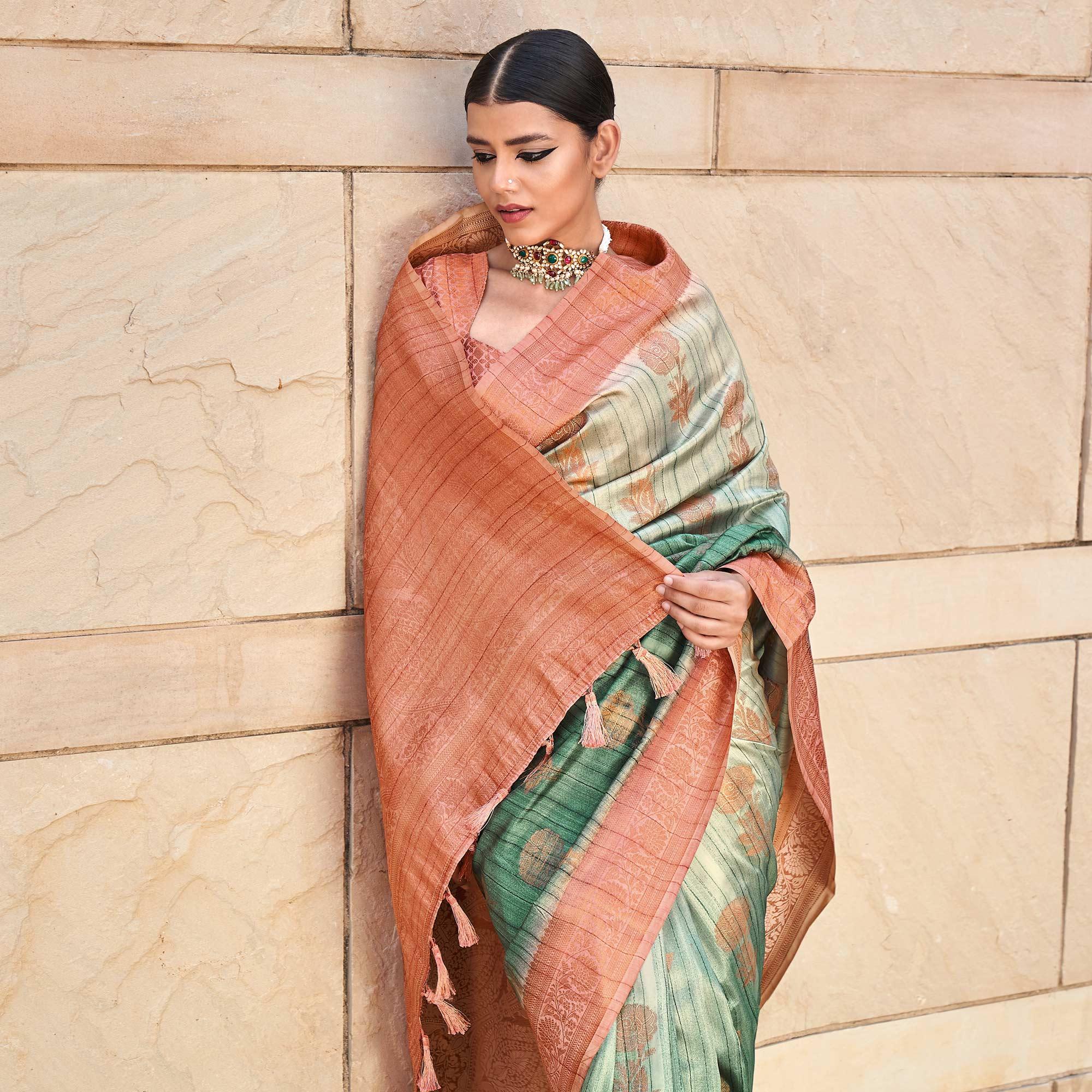 Green Floral Woven Art Silk Saree - Peachmode