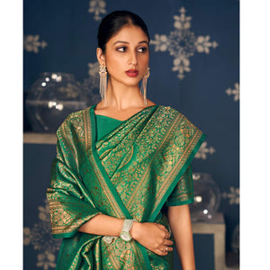Green Floral Woven Art Silk Saree - Peachmode