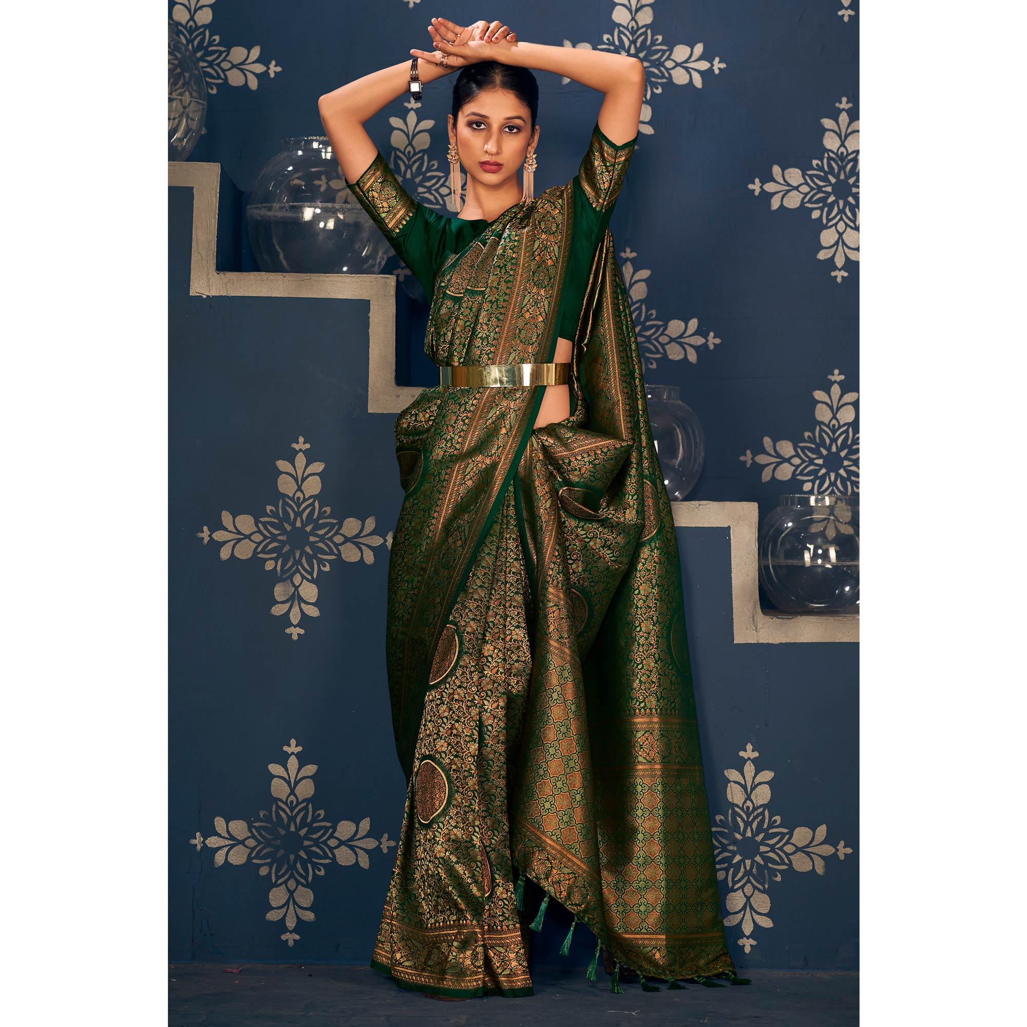 Green Floral Woven Art Silk Saree - Peachmode