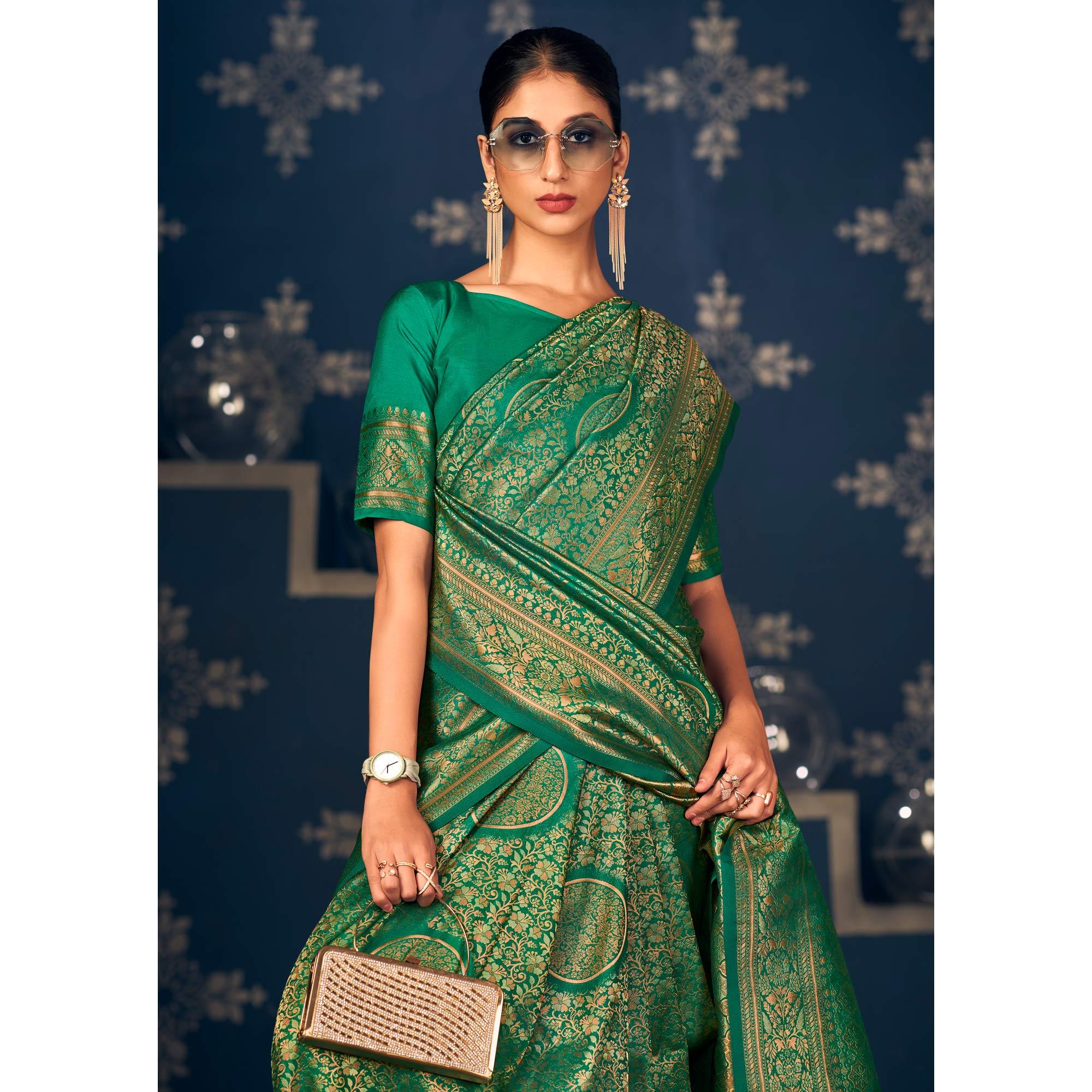 Green Floral Woven Art Silk Saree - Peachmode