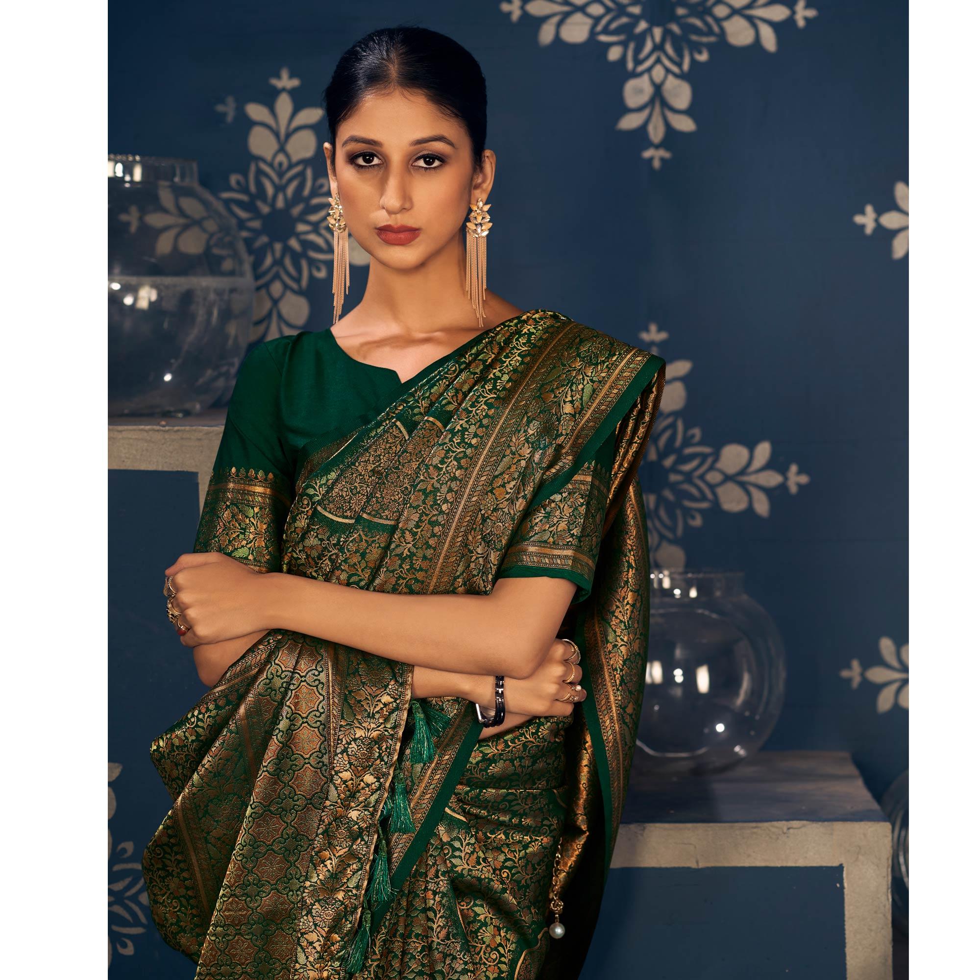 Green Floral Woven Art Silk Saree - Peachmode