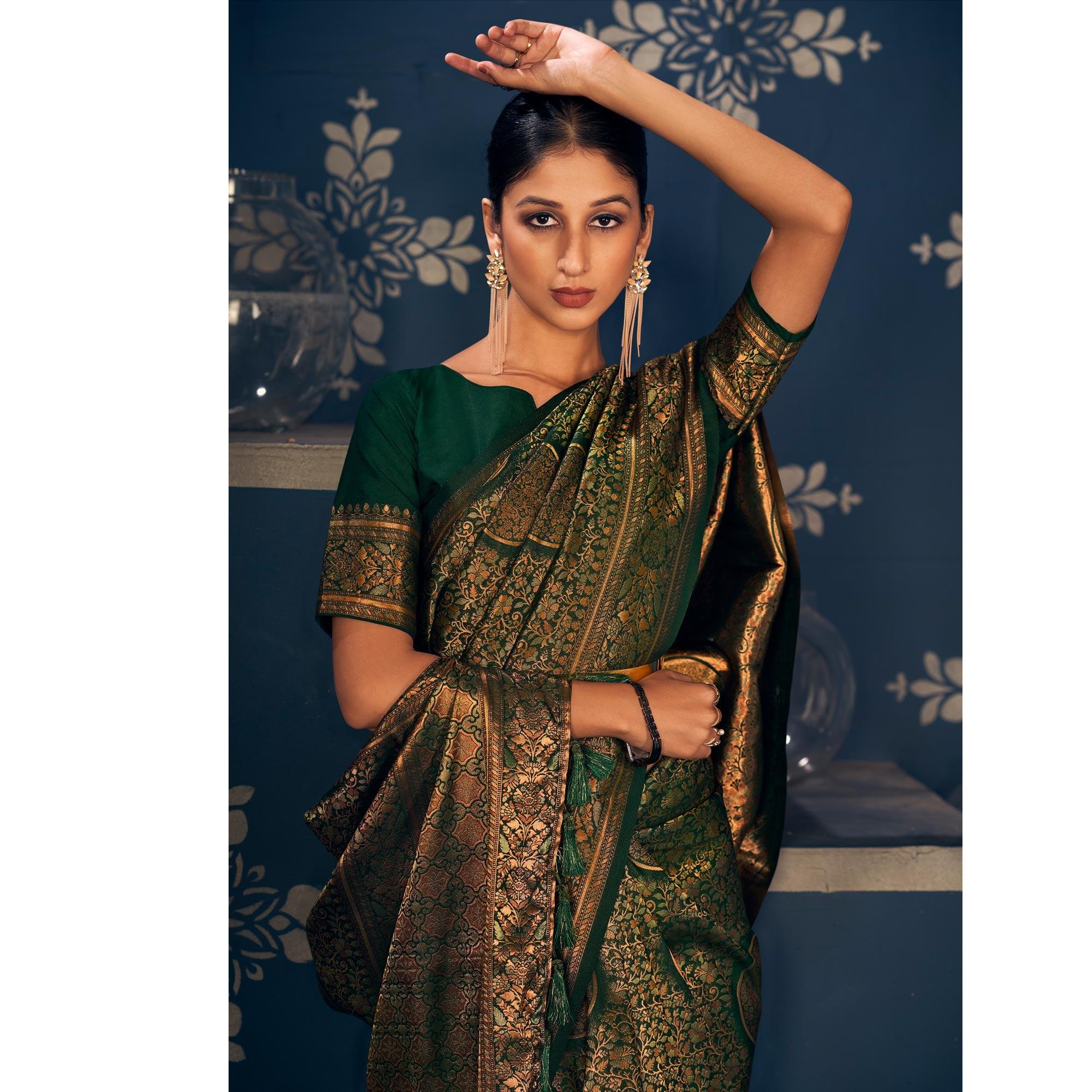 Green Floral Woven Art Silk Saree - Peachmode