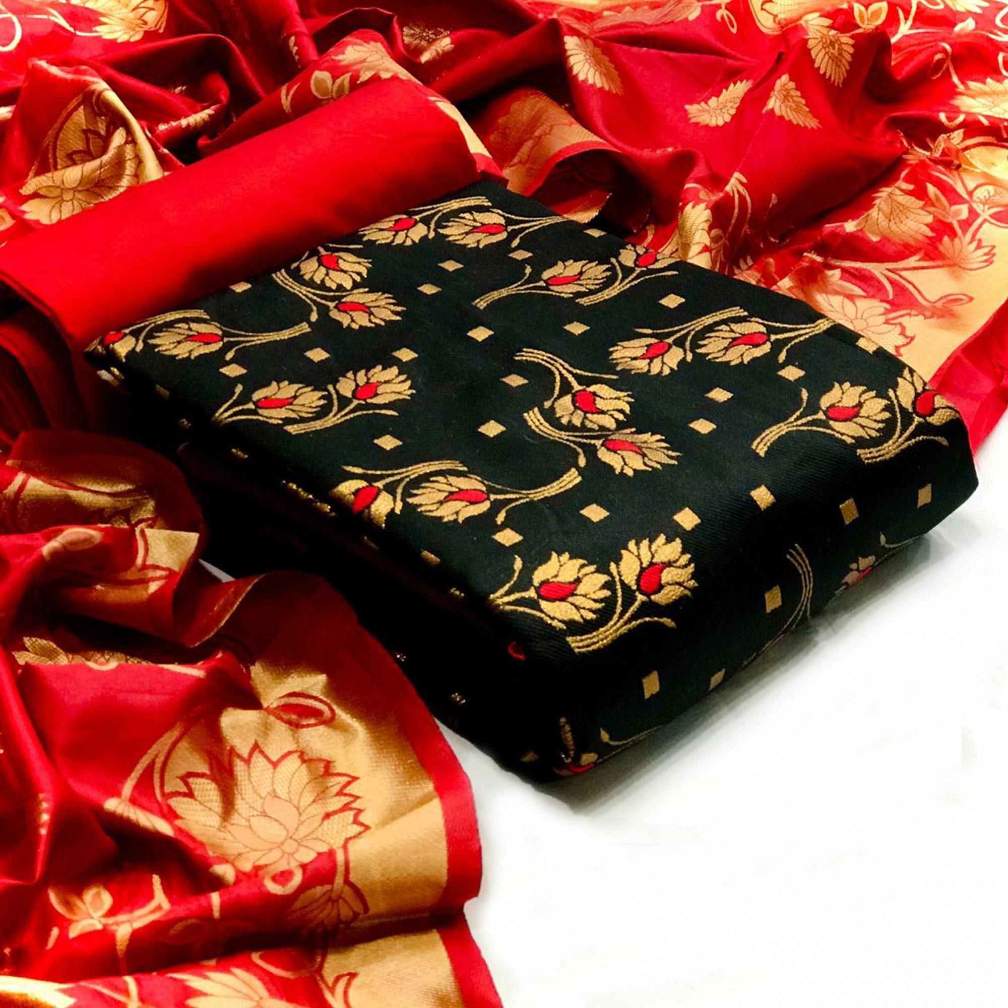 Green Floral Woven Banarasi Silk Dress Material - Peachmode