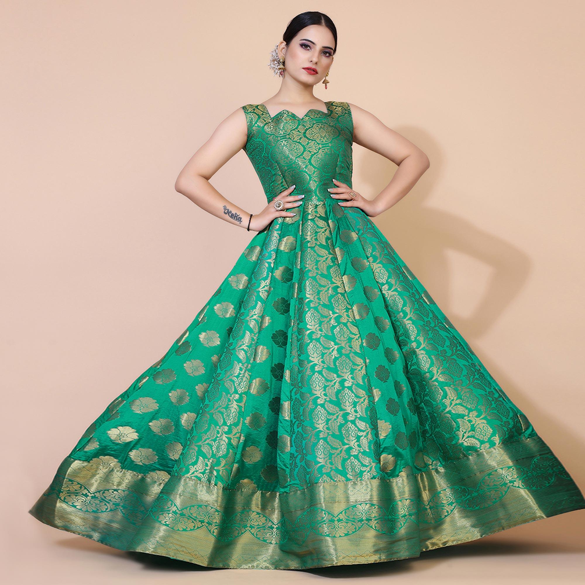 Green Floral Woven Jacquard Anarkali Style Gown - Peachmode