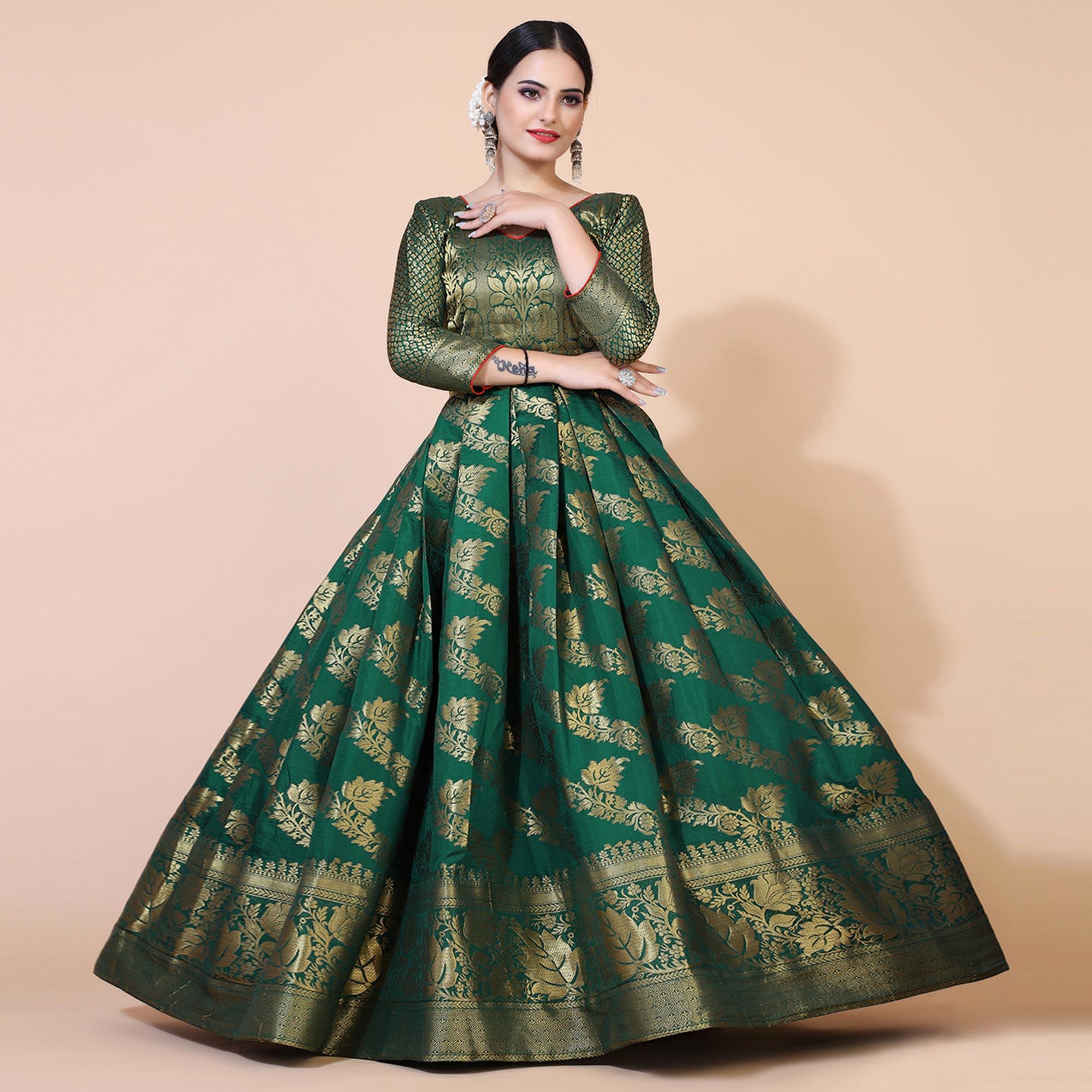 Green Floral Woven Jacquard Anarkali Style Gown - Peachmode