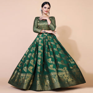 Green Floral Woven Jacquard Anarkali Style Gown - Peachmode