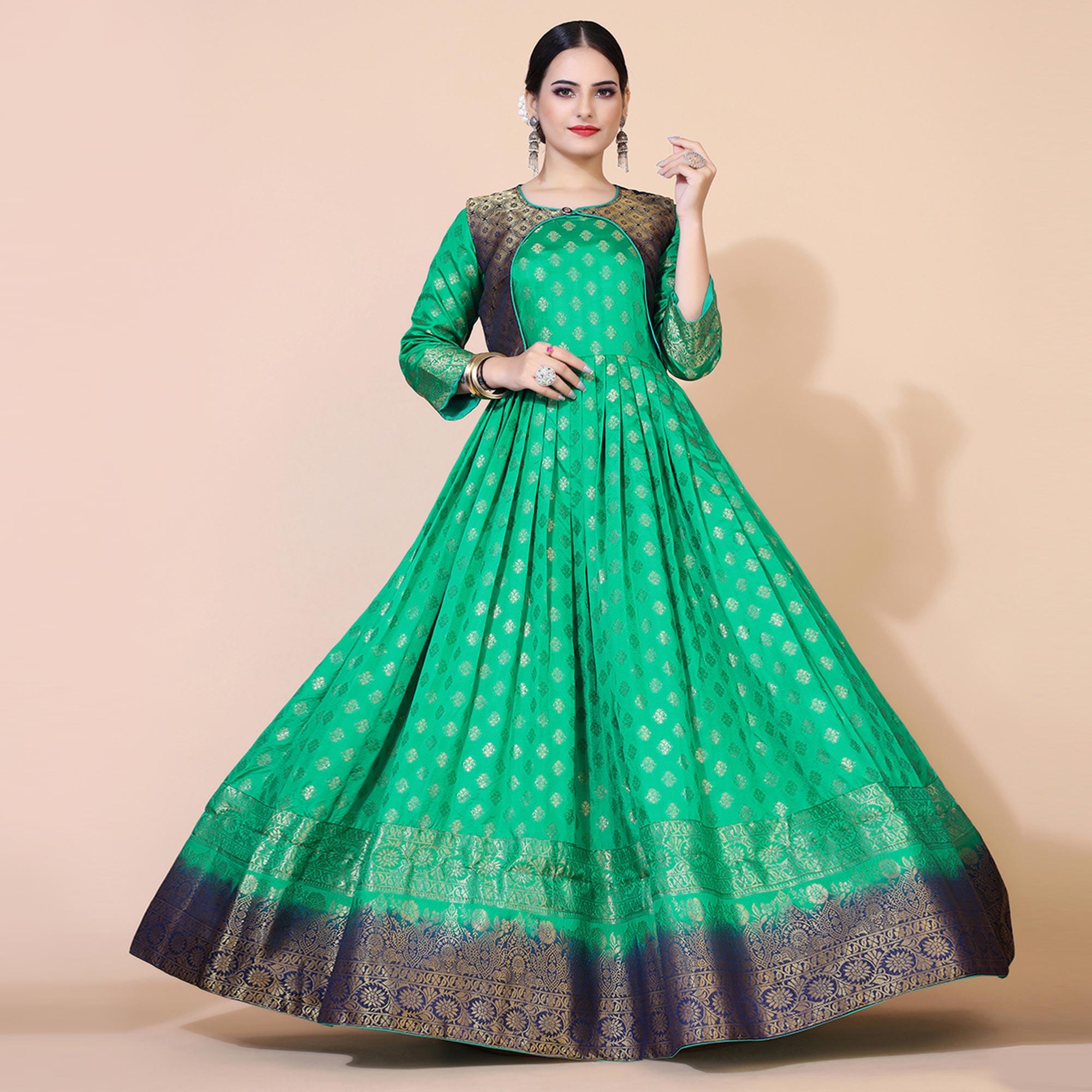Green Floral Woven Jacquard Anarkali Style Gown - Peachmode