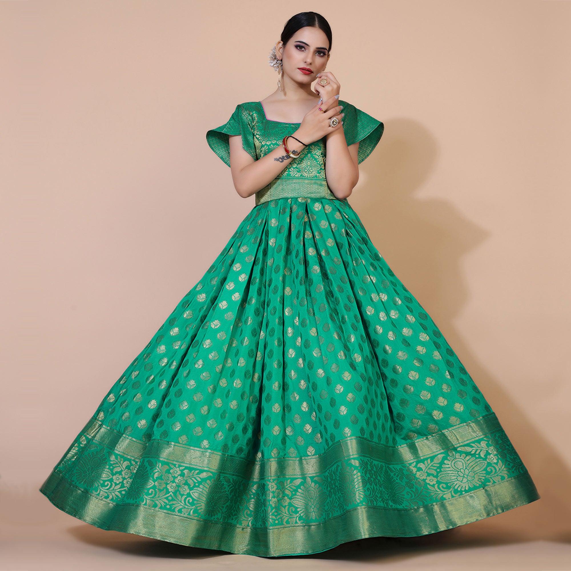 Green Floral Woven Jacquard Anarkali Style Gown - Peachmode