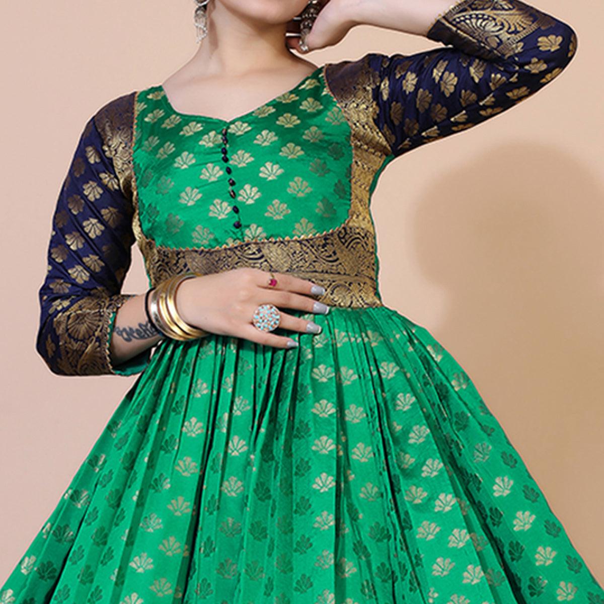 Green Floral Woven Jacquard Anarkali Style Gown - Peachmode