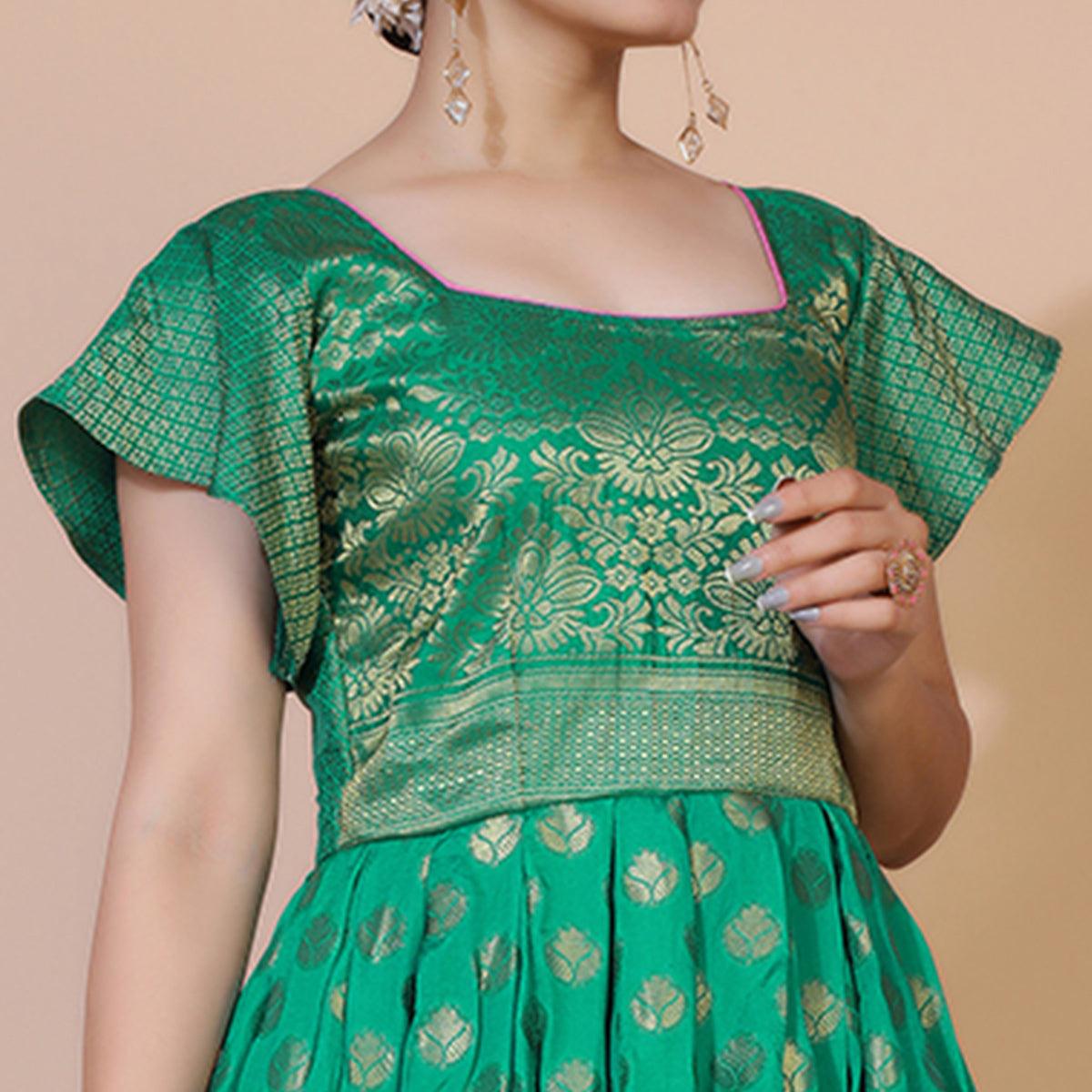 Green Floral Woven Jacquard Anarkali Style Gown - Peachmode