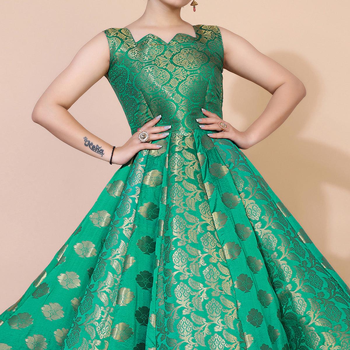 Green Floral Woven Jacquard Anarkali Style Gown - Peachmode