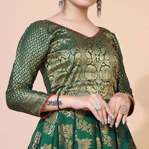 Green Floral Woven Jacquard Anarkali Style Gown - Peachmode