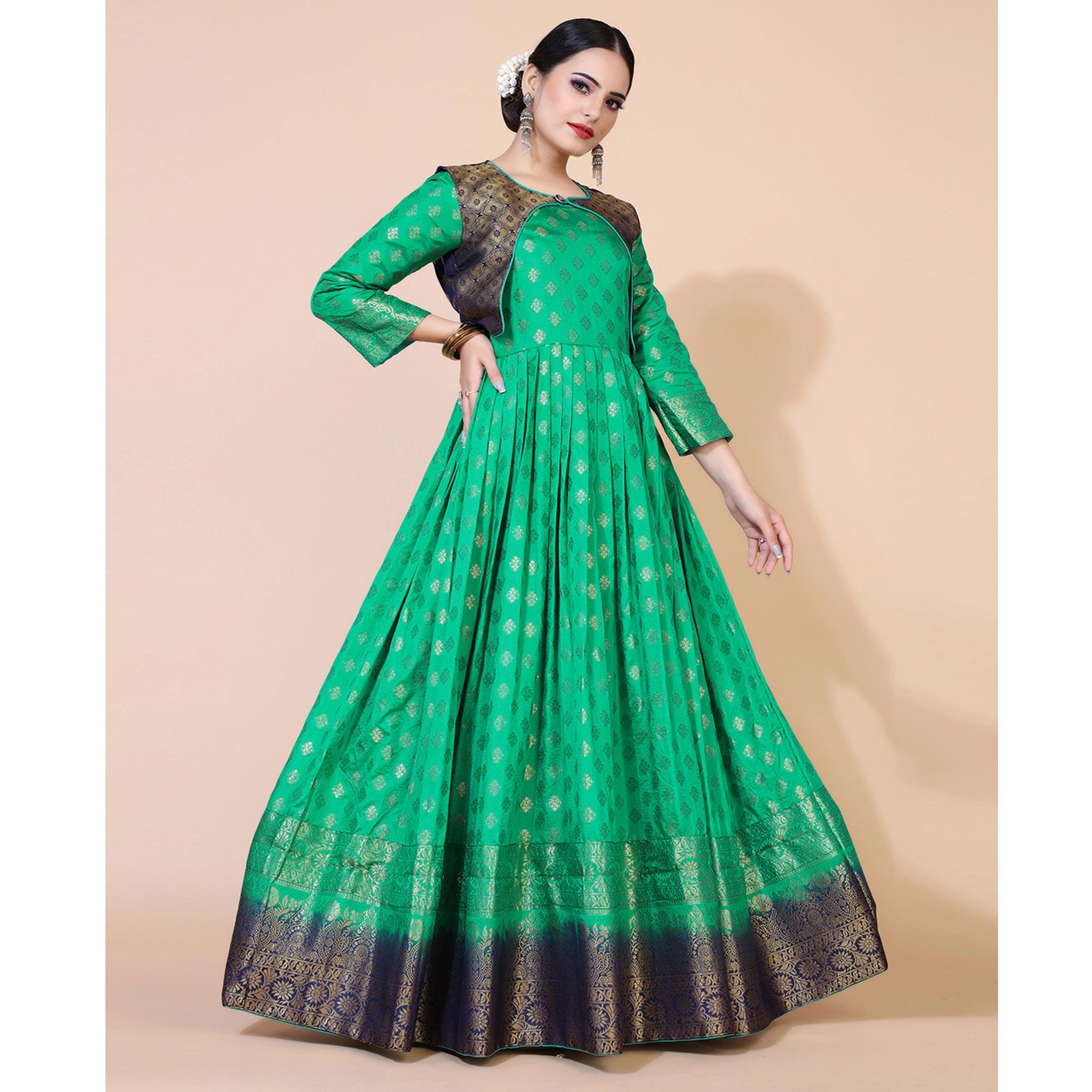 Green Floral Woven Jacquard Anarkali Style Gown - Peachmode
