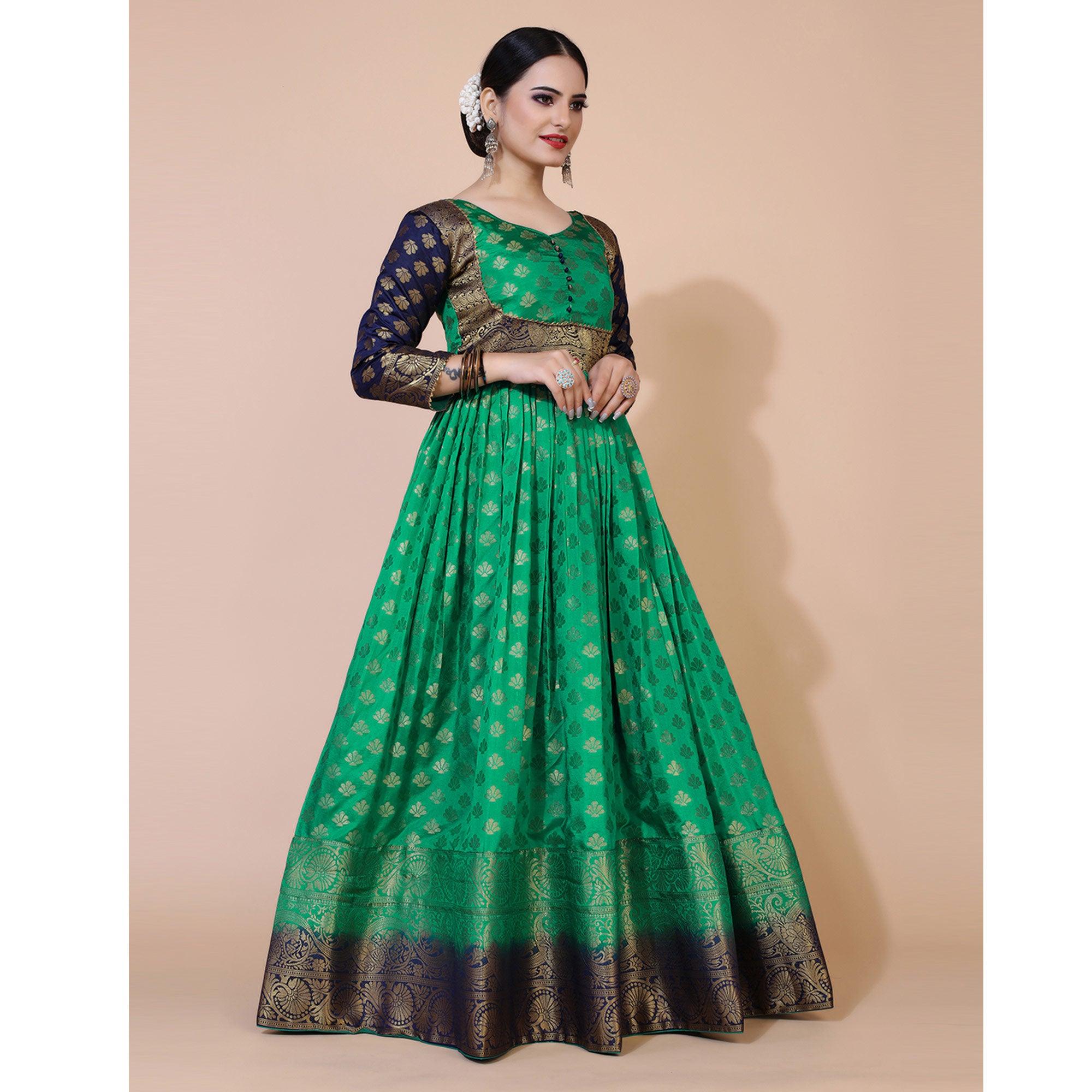 Green Floral Woven Jacquard Anarkali Style Gown - Peachmode