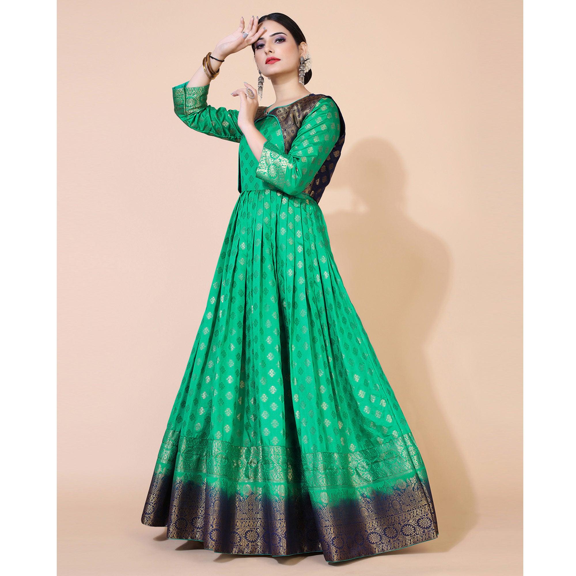 Green Floral Woven Jacquard Anarkali Style Gown - Peachmode