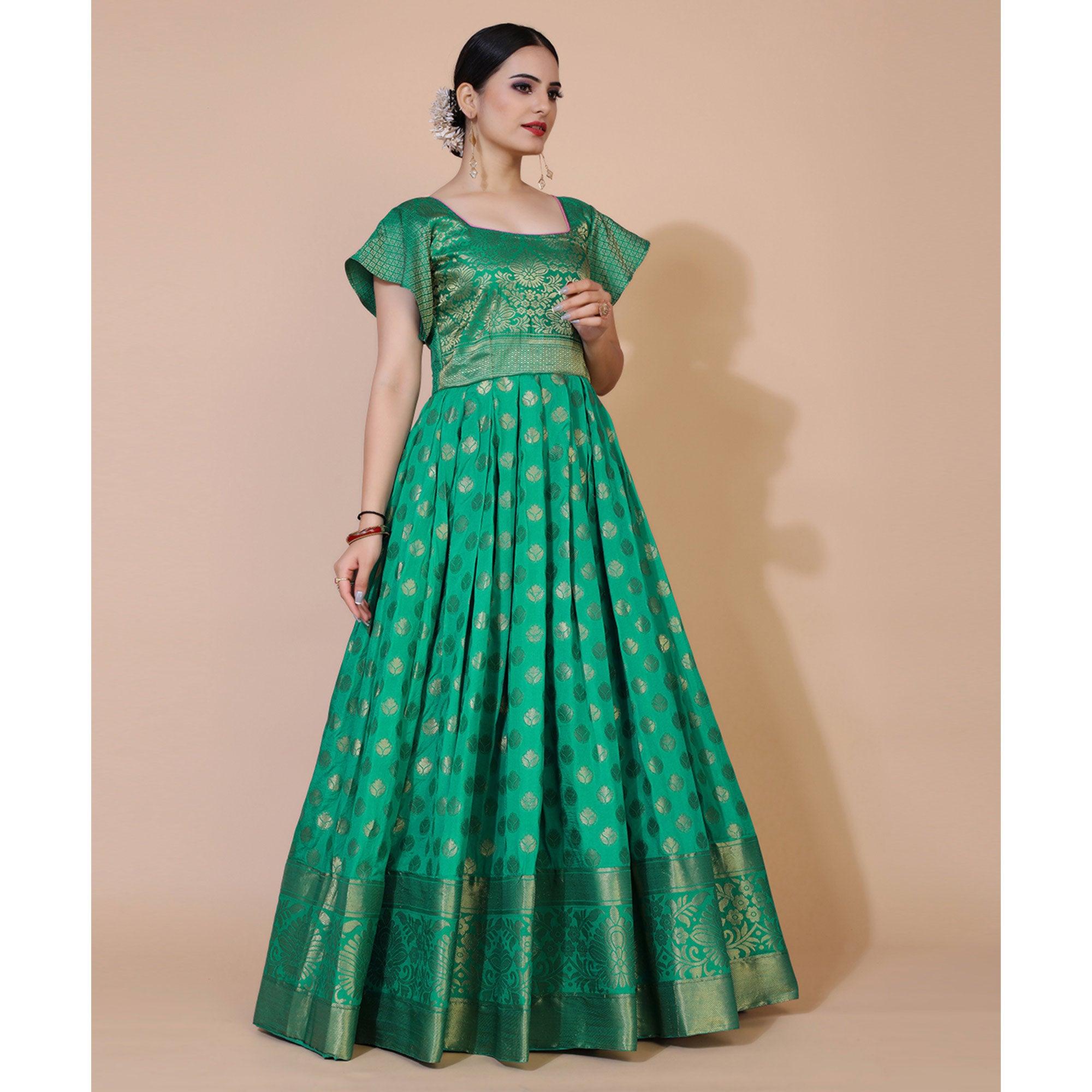 Green Floral Woven Jacquard Anarkali Style Gown - Peachmode
